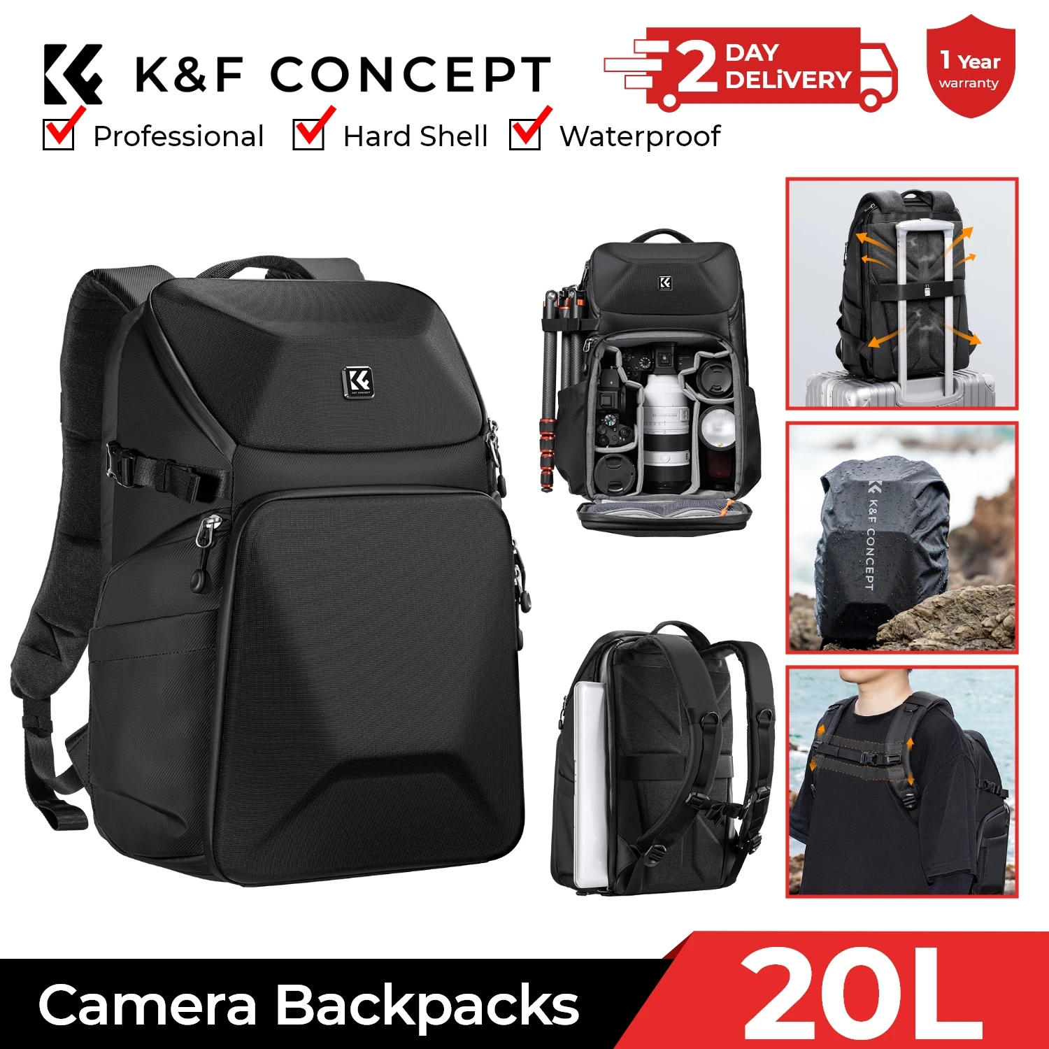 Laptop Backpack 15.6 - K&F CONCEPT 20L Kamerarucksack Wasserdicht mit