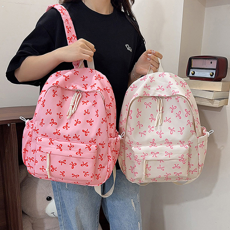 School Backpack Teen - Niedlicher Rucksack mit Schleifendruck, Nylon-Freizeitrucksack, Ästhetisches