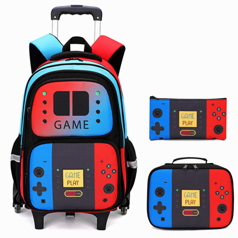 School Backpack Teen - 3-teiliges Kinder-Rollrucksack-Set für Jungen, Gamer-Rollkoffer-Schulranzen mit